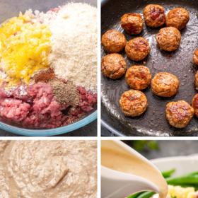 A bowl of ingredients to be mixed, meatballs sautéed in a pan, cream sauce in a skillet and swedish meatballs in a plate with cream sauce being poured on top.