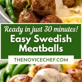 Meatballs on a bed of mashed potatoes being poured with sauce.