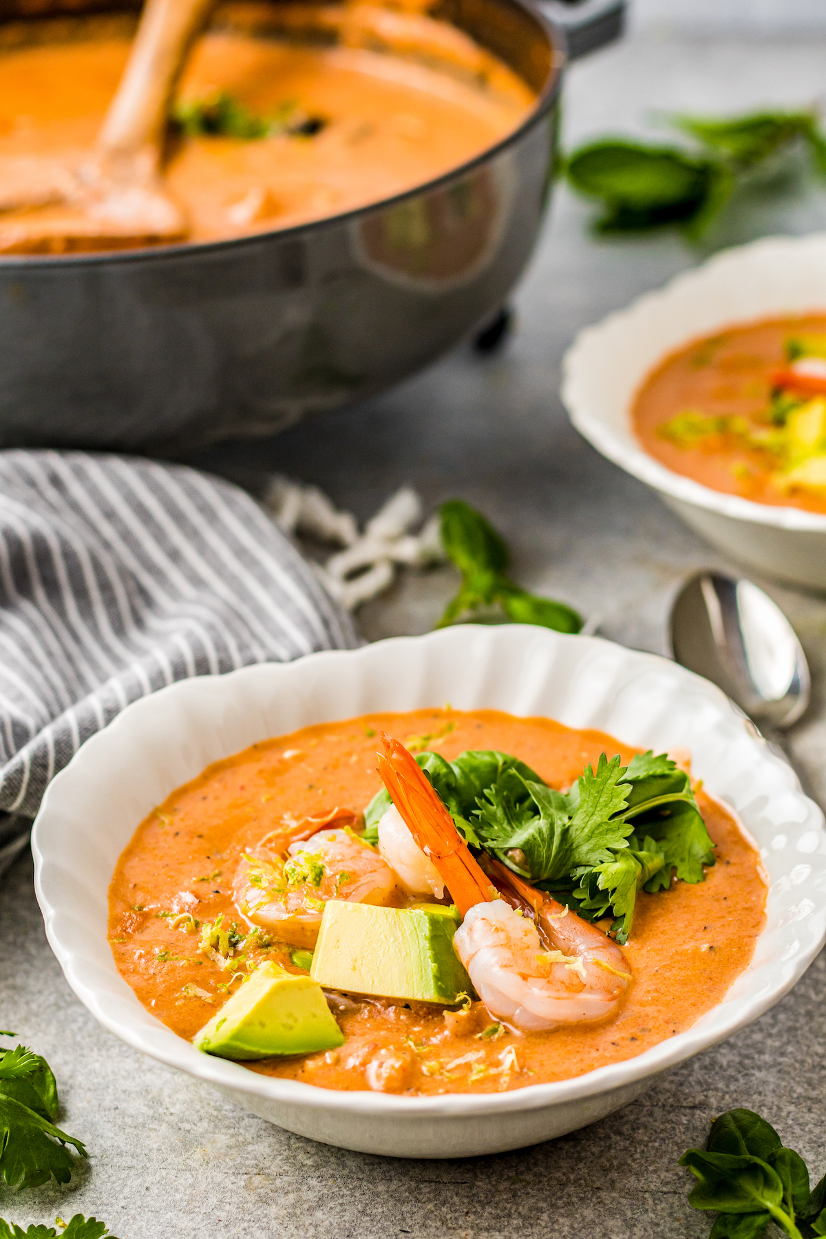 A bowl of shrimp soup with shrimp, cilantro and avocado on top.