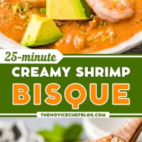 A bowl of shrimp bisque and a ladle scooping up soup.