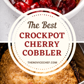 A bowl of cherry cobbler with a spoon and cherry cobbler in a crockpot.