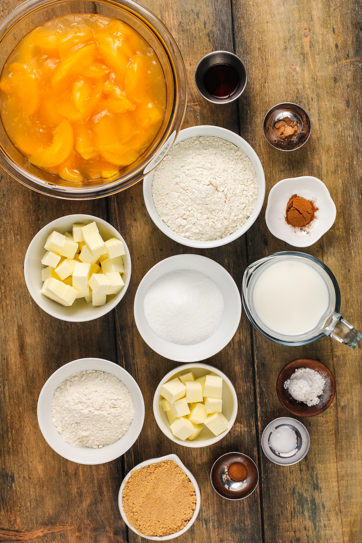 The ingredients for crockpot peach cobbler.