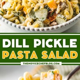 Dill pickle pasta salad in a white bowl and on a spoon.