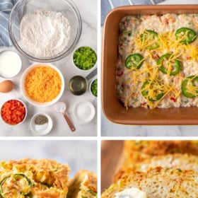 Ingredients for quick bread in bowls, bread in loaf pan before baking with peppers and cheese on top, sliced jalapeno cheddar bread and bread being spread with butter.