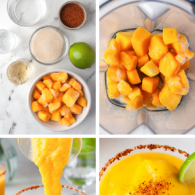 Ingredients for a margarita in bowls, forzen mango in a blender, mango margarita being poured into a glass and a frozen mango margarita with a tajin rim.