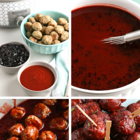 Ingredients in bowls, a bowl of jelly and bbq sauce mixed together, meatballs in a crockpot in sauce and grape jelly meatballs with toothpicks in them.