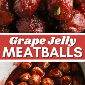 Meatballs with toothpicks stuck in them and jelly meatballs in a crockpot.