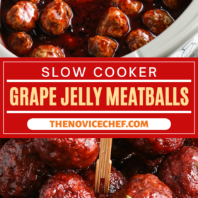 Meatballs in a crockpot and grape jelly meatballs with toothpicks in them.