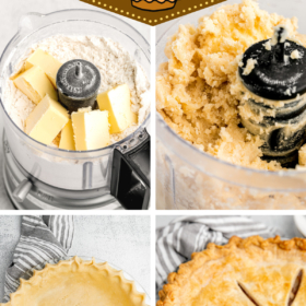 Step by step photos of homemade pie crust being made, put into a pie dish and then baked.