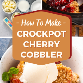 Ingredient soft cherry cobbler, cherry cobbler in a crockpot and cherry cobbler with ice cream in a bowl.