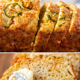 Slices of jalapeno cheddar bread and a slice of bread being spread with butter.