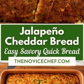 Slices of cheddar jalapeno bread and loaf of quick bread in baking loaf pan.