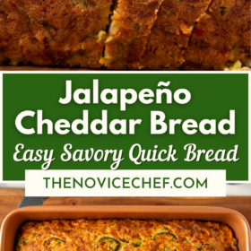 Slices of cheddar jalapeno bread and loaf of quick bread in baking loaf pan.