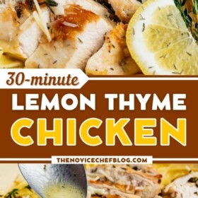 Sliced chicken breasts with lemon and thyme.
