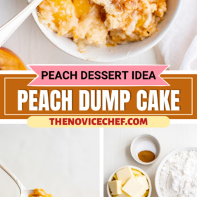 Peach dump cake in a bowl, a spoon lifting up a bite of peach cake and ingredients for dump cake in white bowls.