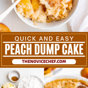 Peach dump cake in a bowl, ingredients for dump cake in white bowls and dump cake after baking.