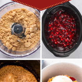 Pin image showing step by step of making crockpot cherry cobbler and cobbler in a bowl with ice cream.