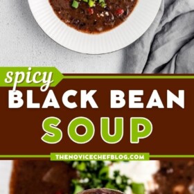 Black bean soup in a white bowl and a spoonful of black bean soup.
