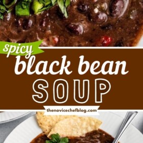 A spoonful of black bean soup and a bowl of black bean soup with sour cream and chips.