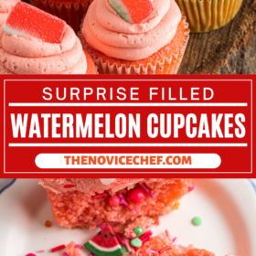 Pink cupcake sliced in half to show surprise filing.