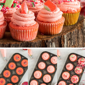 Watermelon cupcakes on a tray and cupcakes being filled with sprinkles, frosted with icing and sprinkles added on top.