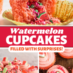 Cupcake with surprise sprinkle filling falling out, watermelon cupcakes on a wood serving tray and overhead of watermelon sprinkles.