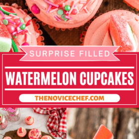 Watermelon sprinkles on top of watermelon cupcakes and a cupcake bit in half to show the sprinkle surprise inside.