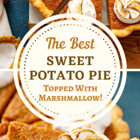 Sweet potato pie cut into pieces with toasted marshmallow fluff on top.