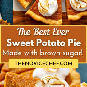 Brown sugar sweet potato pie with toasted marshmallow on top.