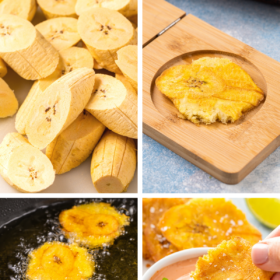Collage pin showing sliced green plantains, a smashed fried plantain in a tostonera, plantains being fried in oil and tostones being dipped in mayo ketchup sauce.