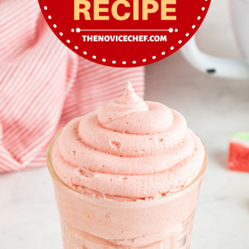 Watermelon buttercream in a glass jar with watermelon candies.