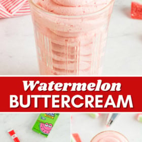 Watermelon buttercream piped into a glass, ingredients for buttercream on a marble countertop and watermelon buttercream piped in rounds.