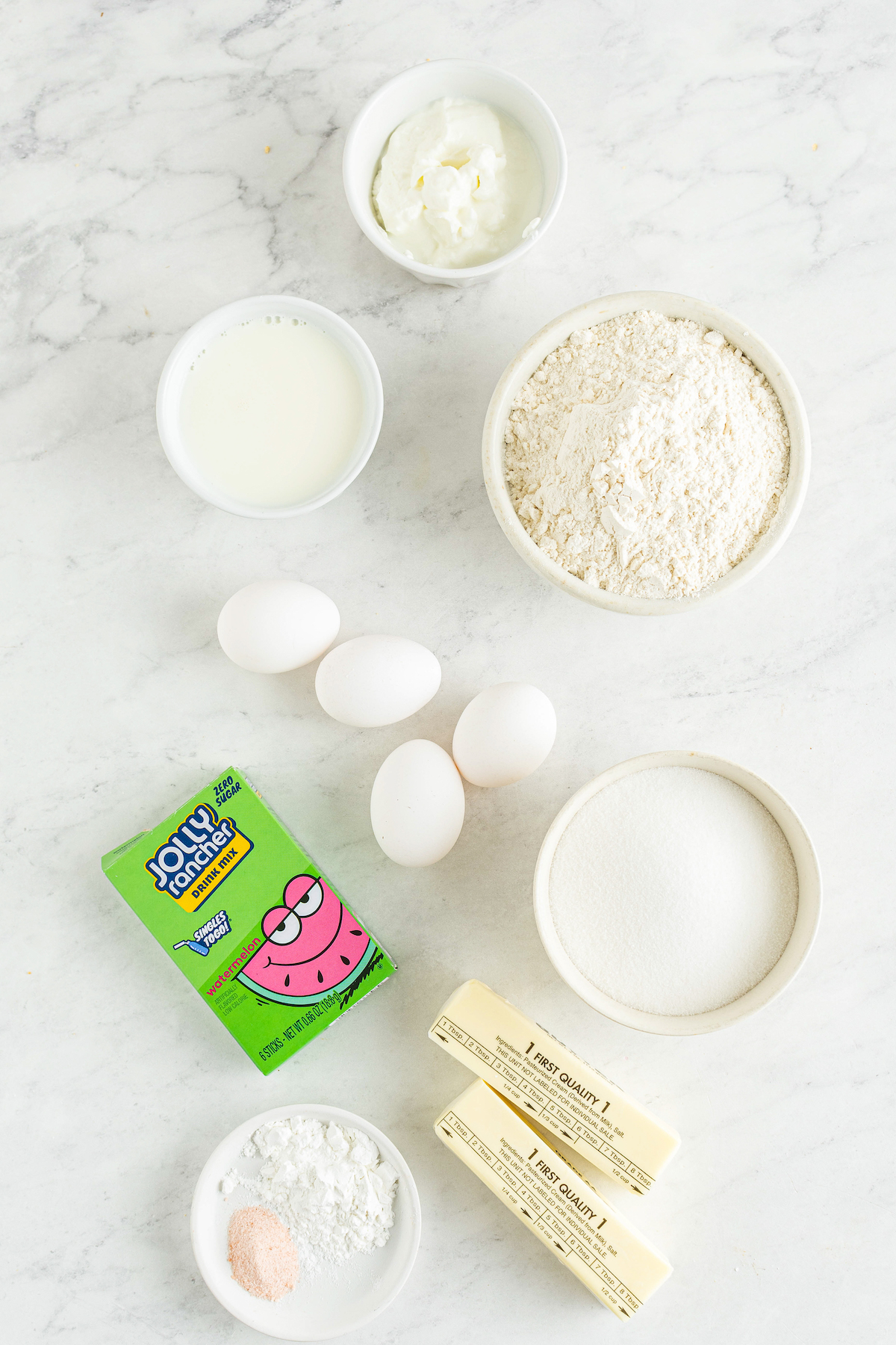 The ingredients for watermelon cupcakes.