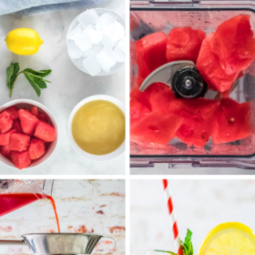 Collage image: ingredients in white bowls, a blender filled with watermelon, watermelon puree being strained into a pitcher and a glass of watermelon lemonade.