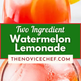 Watermelon lemonade with a lemon wedge and straw and an overhead image of watermelon lemonade.