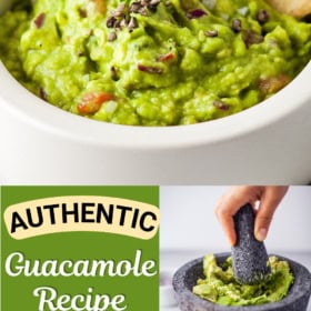 Guacamole with cilantro on top and a chip being dipped into it.