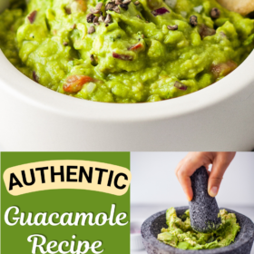 Guacamole with cilantro on top and a chip being dipped into it.