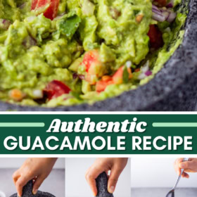 Guacamole in a bowl and step by step photos of guacamole being made.