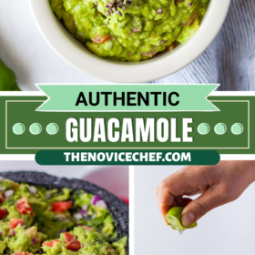 Guacamole in a bowl with a chip and guacamole in a Molcajete with lime juice being added.