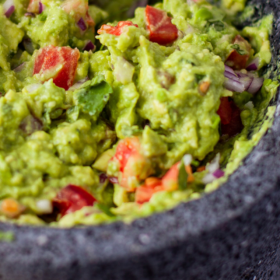 Guacamole in a Molcajete.