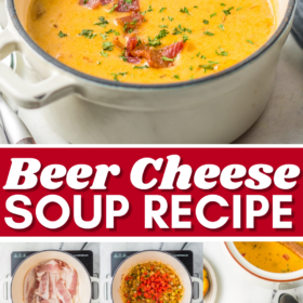 A pot filled with beer cheese soup and step by step images of beer cheese soup being made in a skillet.