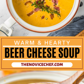 A bowl of beer cheese soup and a ladle lifting the beer cheese soup.