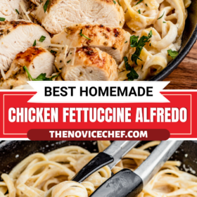 Sliced chicken breast on top of fettuccine alfredo and noodles being tossed in aflredo sauce.