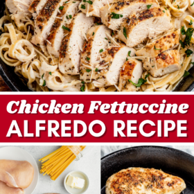 Sliced chicken breast on top of fettuccine in alfredo sauce and ingredients in bowls and chicken being cooked in a skillet.