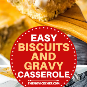 Biscuits and gravy breakfast casserole on a wooden spoon and a serving on a plate with a fork taking a bite.