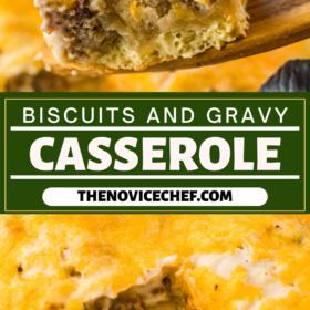 A slice of biscuits and gravy casserole on a wooden spoon and sliced breakfast casserole in a white baking dish.