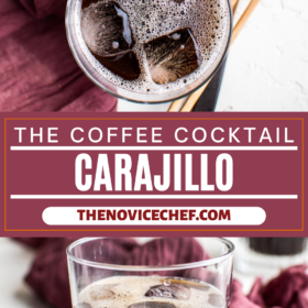 Overhead and side images of a Carajillo cocktail with ice in a glass with a purple tea towel.