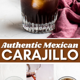 Carajillo in a glass with a purple tea towel, a glass with ice, a glass with ice with liquor being poured into it and a glass with a Carajillo in it.