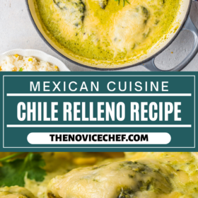 Chile Rellenos in a pot with cheese on top and a Chile Relleno on a plate sliced in half to see the inside.