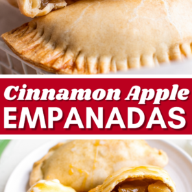 An apple empanada broken in half to show the inside and an apple empanada with ice cream with caramel sauce on top.
